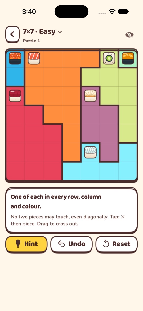 A 7 by 7 Chirashi Grid board with coloured sushi regions and a few pieces placed