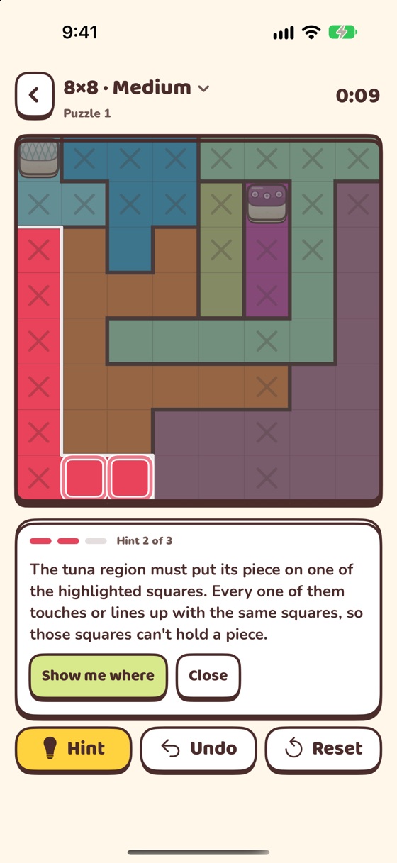 A Chirashi Grid lesson showing a hint that explains why two colours rule out the rest of two rows